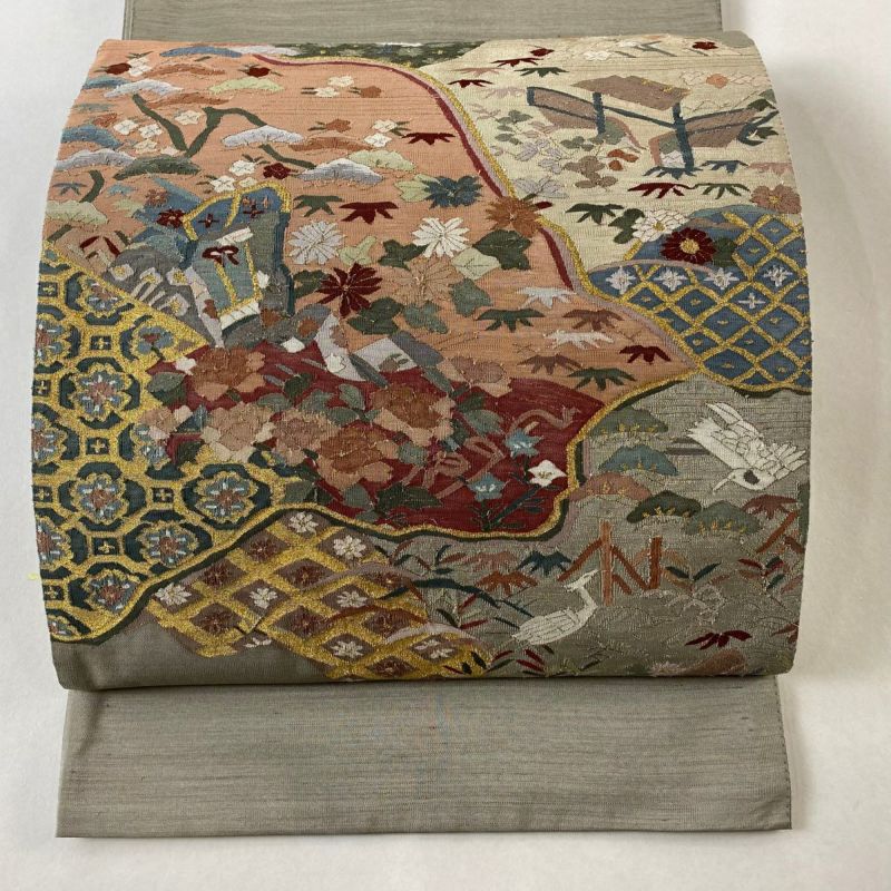 3469】着物 袋帯 お太鼓 梅 菊 利休鼠 436㎝
