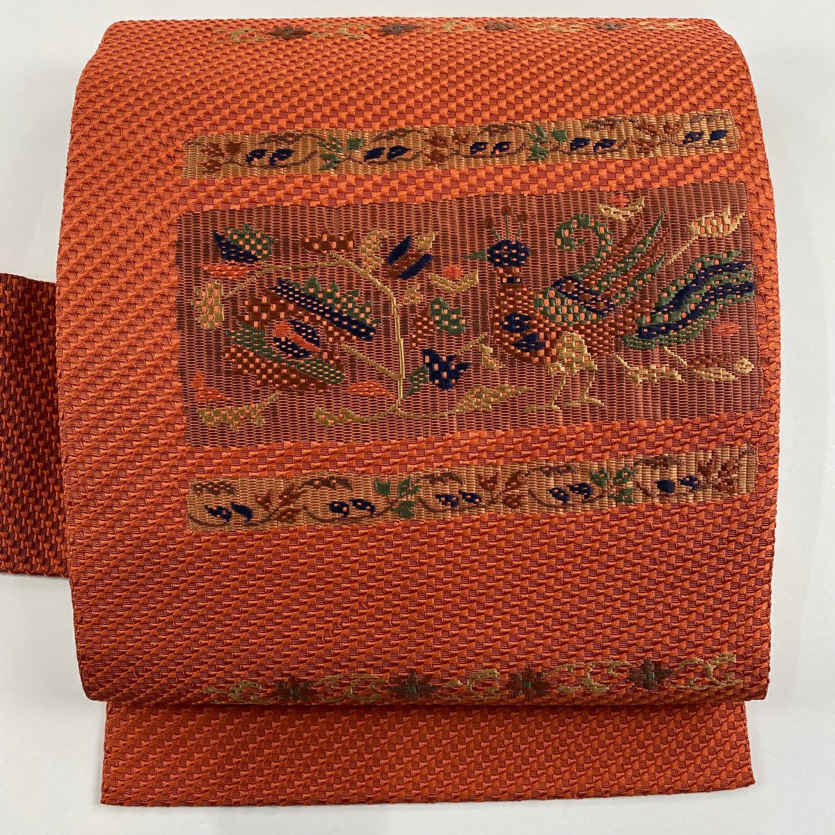 名古屋帯 優品 紬地 八寸名古屋帯 草花 オレンジ 正絹｜中古・古着