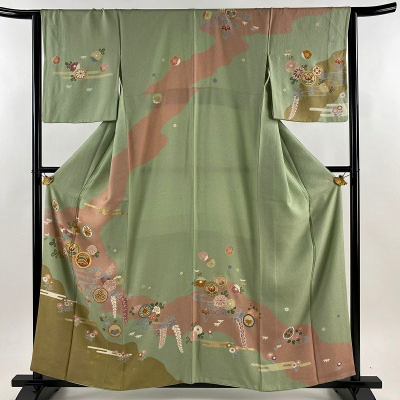 訪問着 身丈157.5cm 裄丈64.5cm M 袷 鎌倉文 菊 金糸 金彩 薄緑 正絹