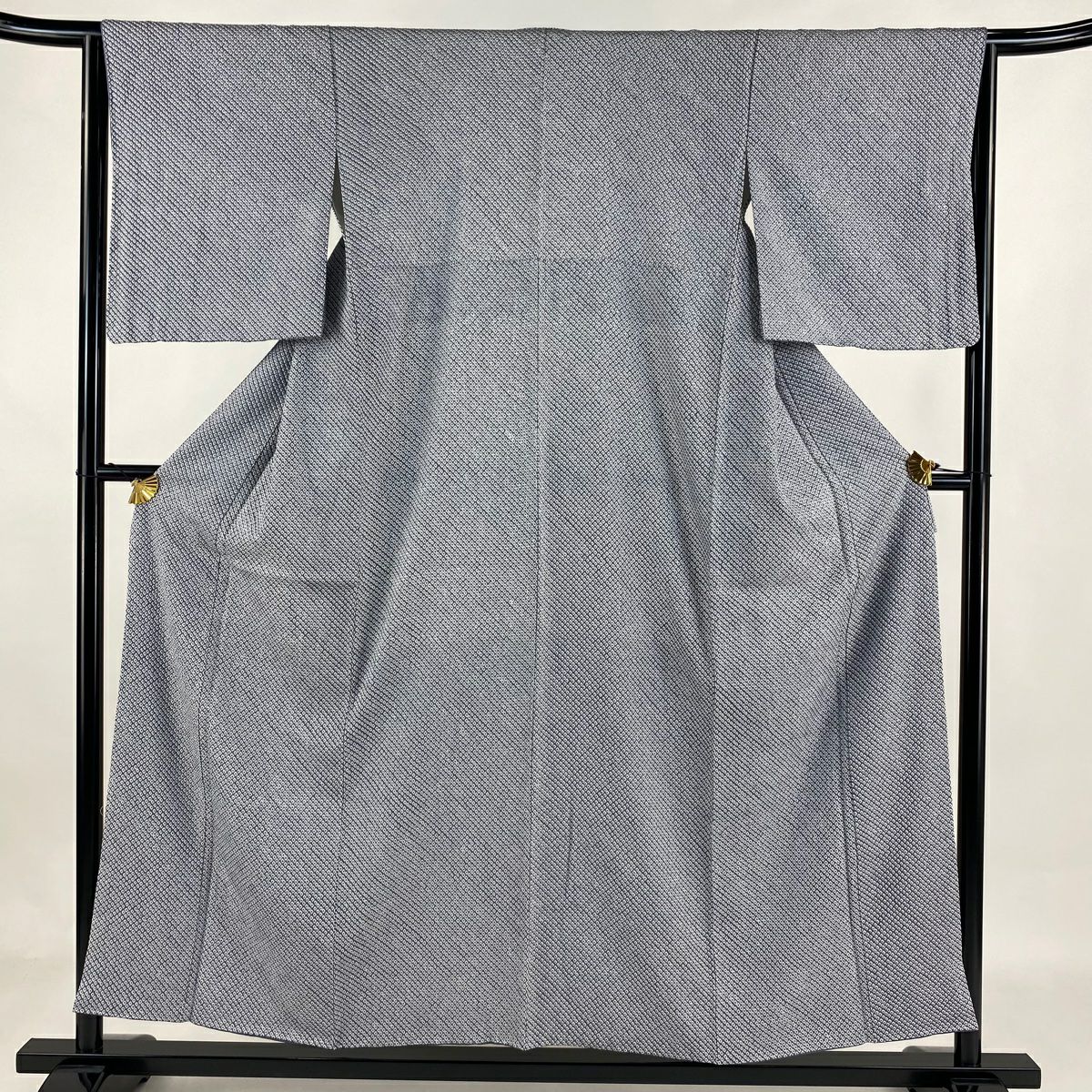 小紋 身丈173cm 裄丈67.5cm L 袷 幾何学 総絞り 黒灰 正絹 名品