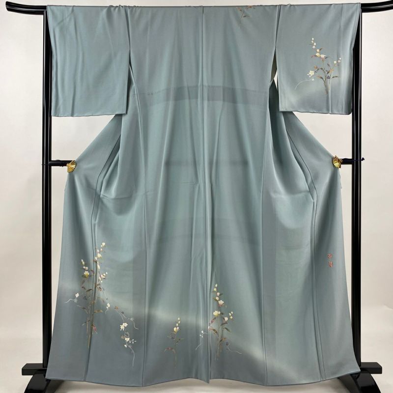 付下げ 身丈162cm 裄丈67.5cm L 袷 百貫達雄 落款あり 枝花 草花