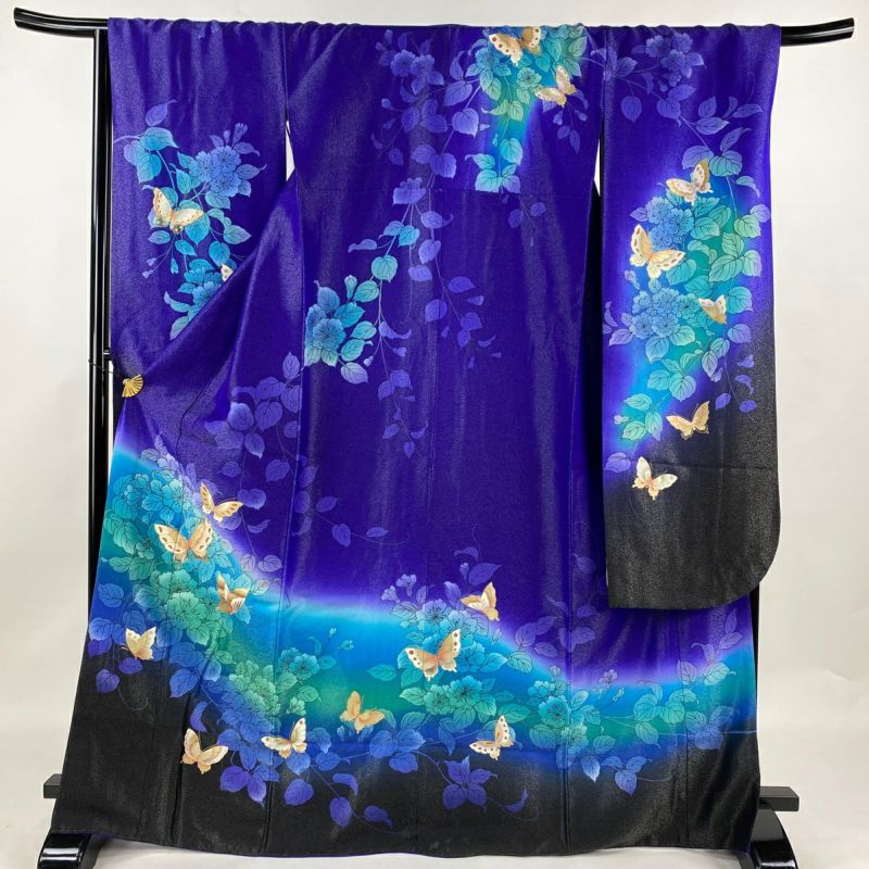 振袖 身丈169cm 裄丈68.5cm L 袷 蝶 草花 銀通し 金銀彩 青紫