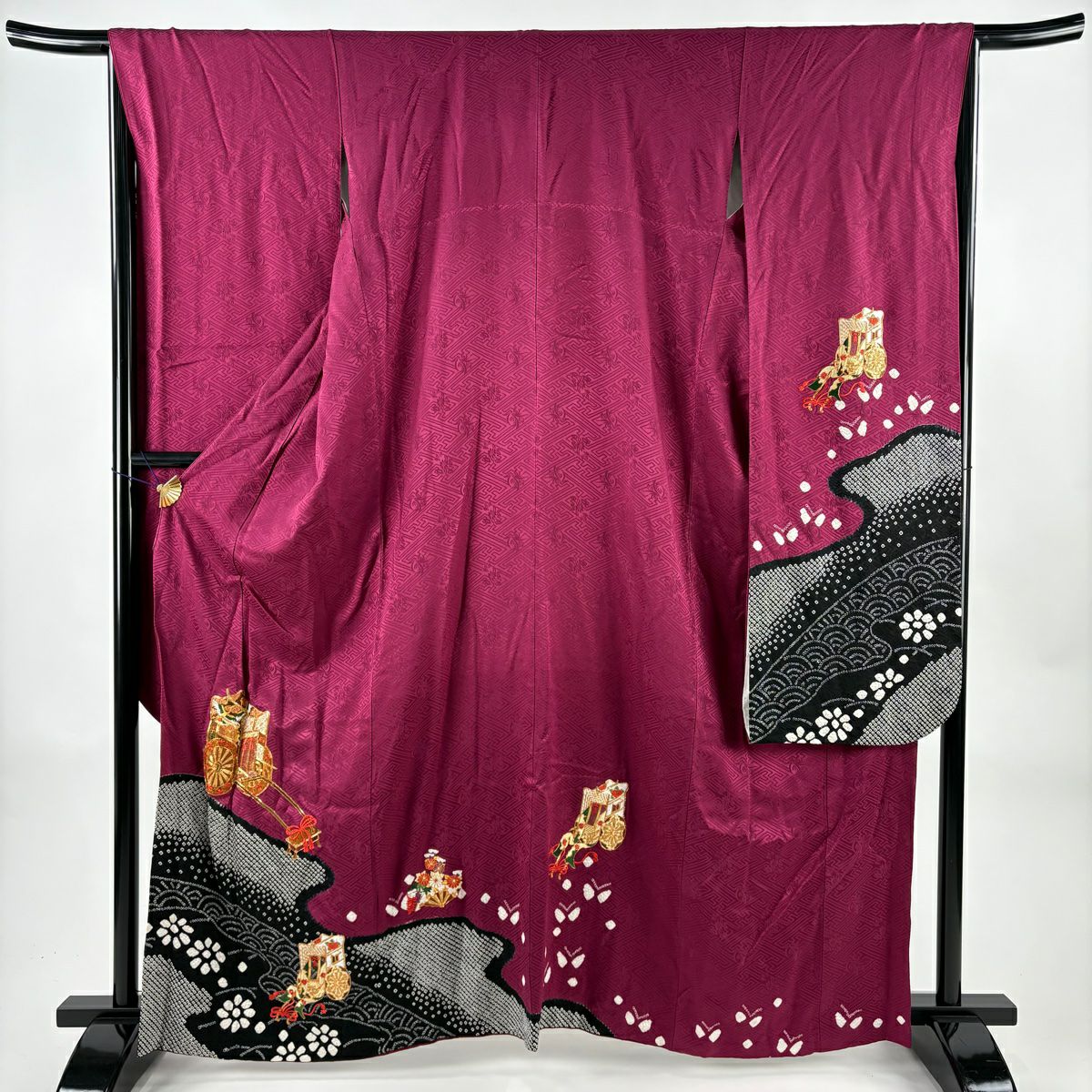 振袖 身丈161.5cm 裄丈66.5cm M 袷 熨斗 草花 金彩 赤紫 正絹 秀品