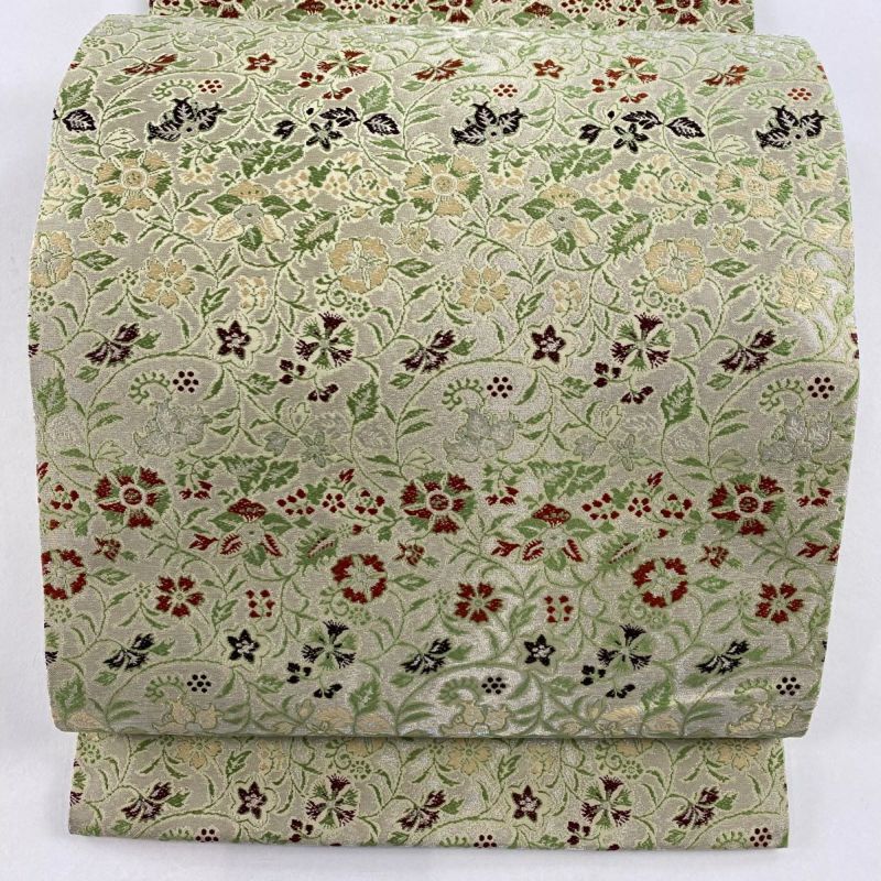 開き名古屋帯 美品 名品 比翼仕立て 鳳凰 草花 金糸 薄茶色 正絹