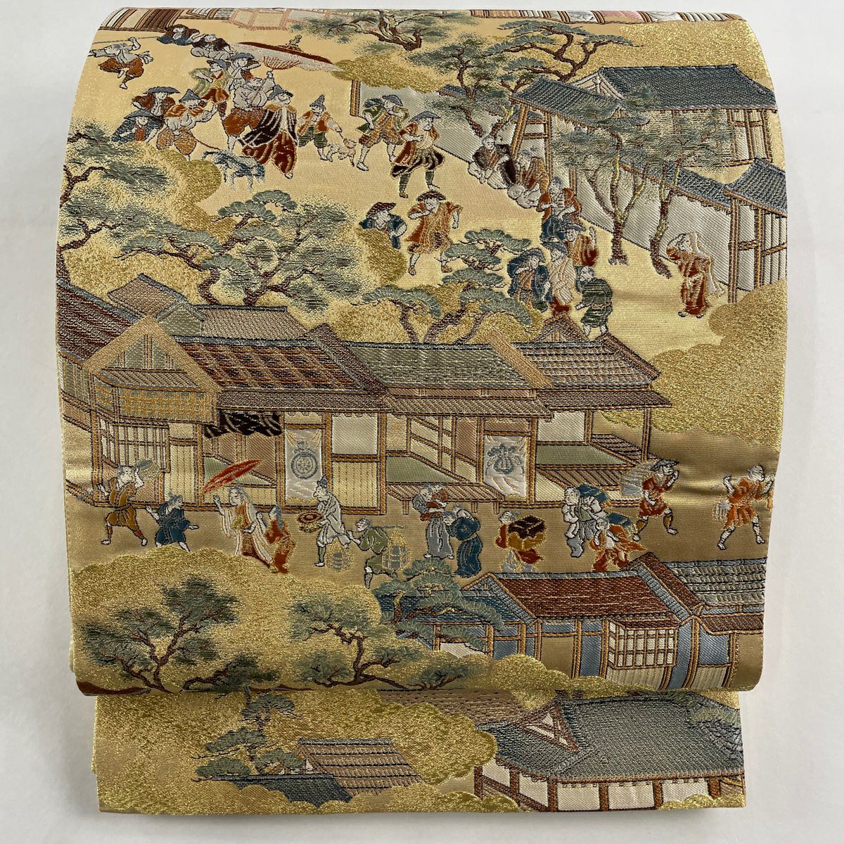 袋帯 秀品 証紙あり 洛中洛外図 人物 金糸 箔 金色 六通 正絹