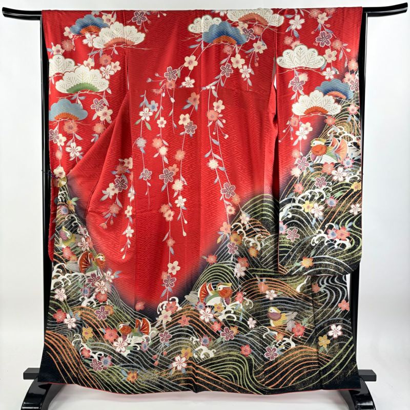 振袖 身丈163cm 裄丈65cm M 袷 鴛鴦 桜 金糸 金彩 赤 正絹 秀品
