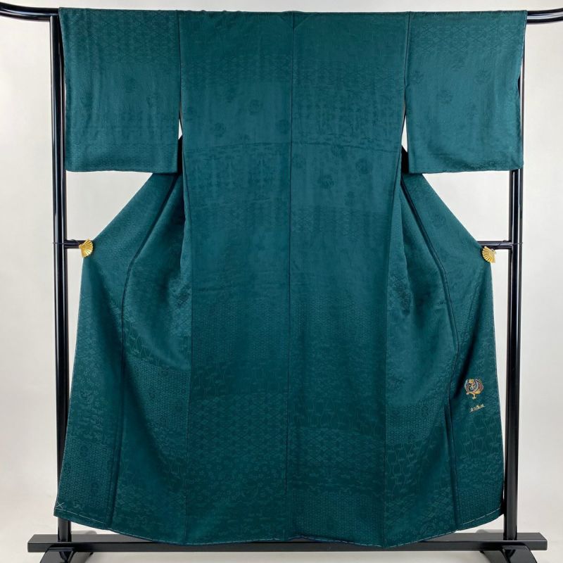 美品】 色無地 身丈155.5cm 裄丈65cm M 袷 地紋 深緑 正絹 秀品｜中古