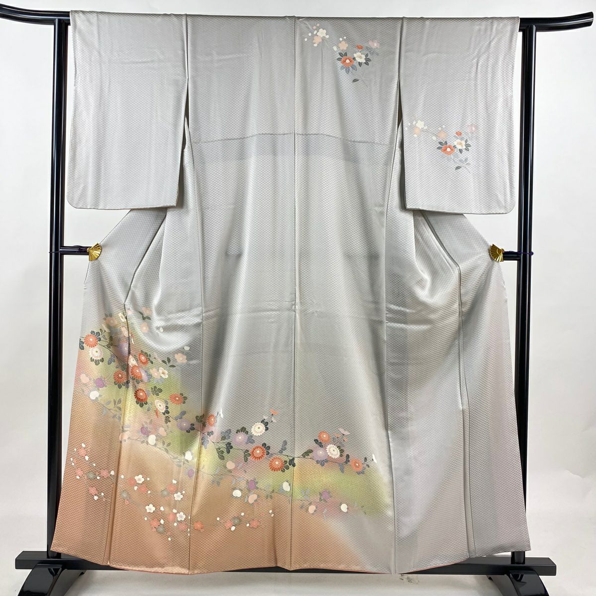 訪問着 身丈157cm 裄丈62cm S 袷 紬地 幾何学 絞り ぼかし 焦茶色 正絹  