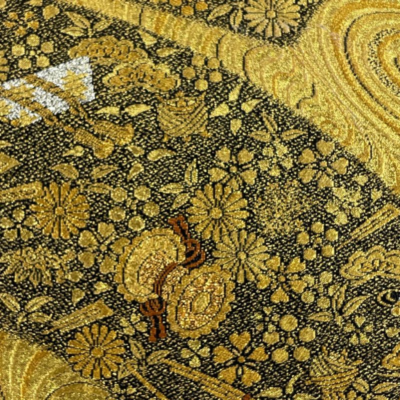 袋帯 美品 秀品 扇面 流水 箔 金糸 黒 六通 正絹｜中古・古着
