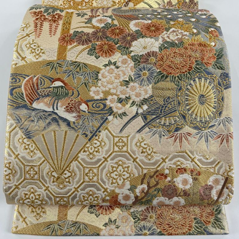 刺繍 六通 袋帯 金糸 正絹 未使用品 袋帯 美品 秀品 七宝 華文 刺繍 金銀糸 紫 六通 正絹 【中古