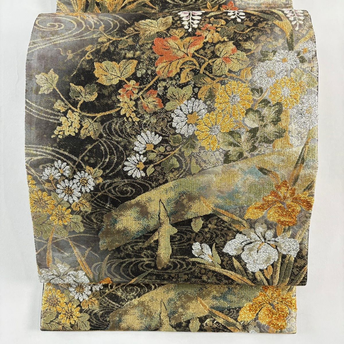 美品】 袋帯 秀品 琳派瑞祥錦 本金箔つづれ 草花 和楽器 金銀糸 箔 黒