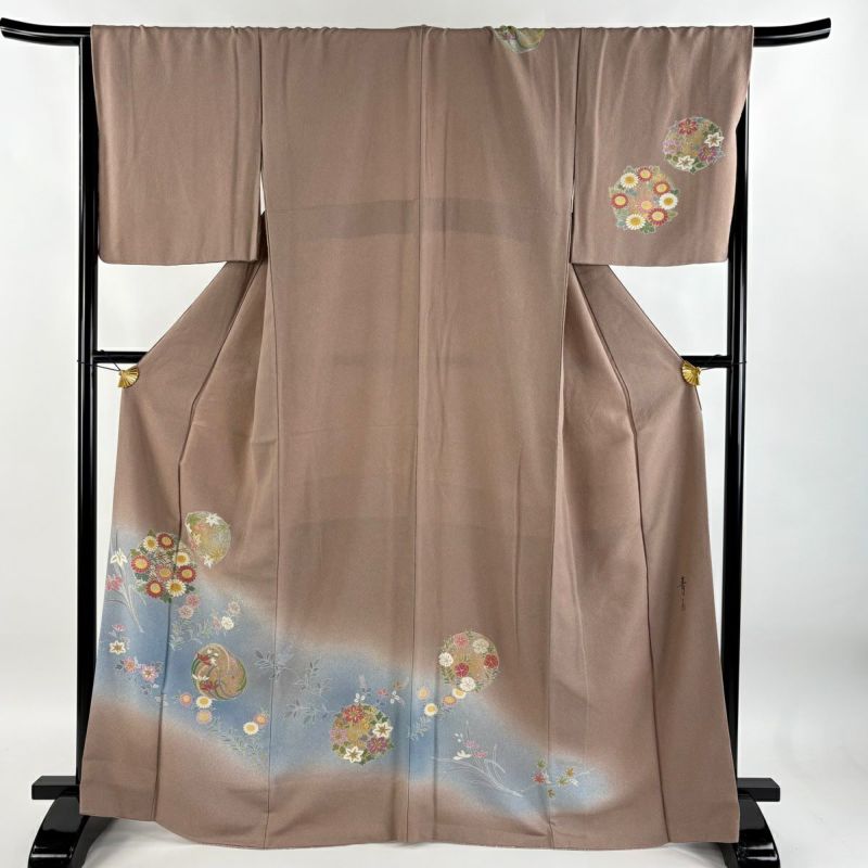 付下げ 身丈167cm 裄丈67.5cm L 袷 松井青々 落款あり 草花 金彩