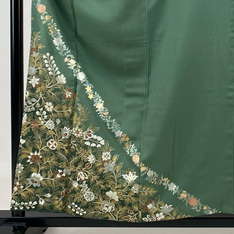 付下げ 身丈158.5cm 裄丈61.5cm S 袷 草花 花唐草 金銀彩 ぼかし 灰緑 正絹 美品 秀品｜中古・古着・リサイクル着物通販｜バイセル  オンライン