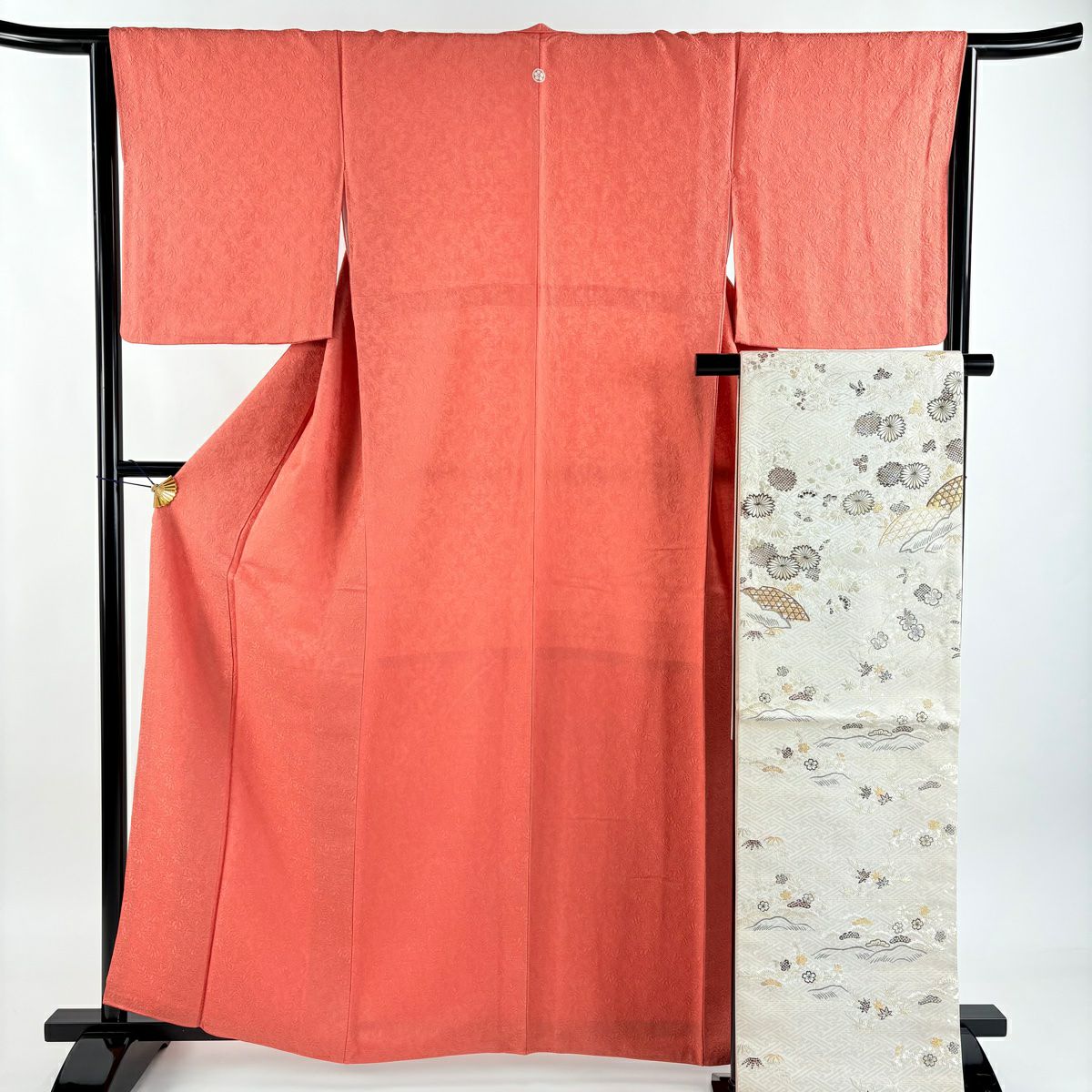 美品】 色無地 身丈164cm 裄丈65cm M 袷 袋帯セット 地紋 よもぎ色