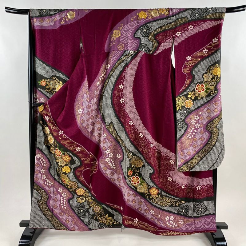 振袖 身丈160cm 裄丈68cm L 袷 桜 流水 絞り 金糸 赤紫 正絹 秀品