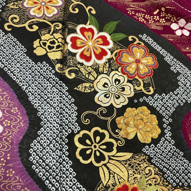 振袖 身丈160cm 裄丈68cm L 袷 桜 流水 絞り 金糸 赤紫 正絹 秀品