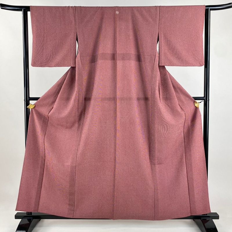 美品】 小紋 身丈159.5cm 裄丈63cm S 単衣 英 縦縞 えんじ色 化繊 秀品