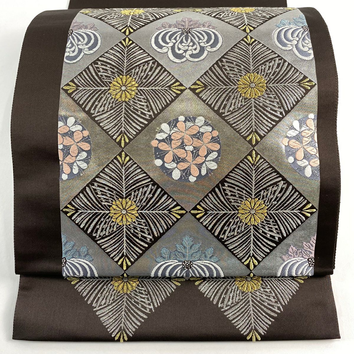 美品】 袋帯 秀品 草花 若松 箔 灰白 六通 正絹｜中古・古着