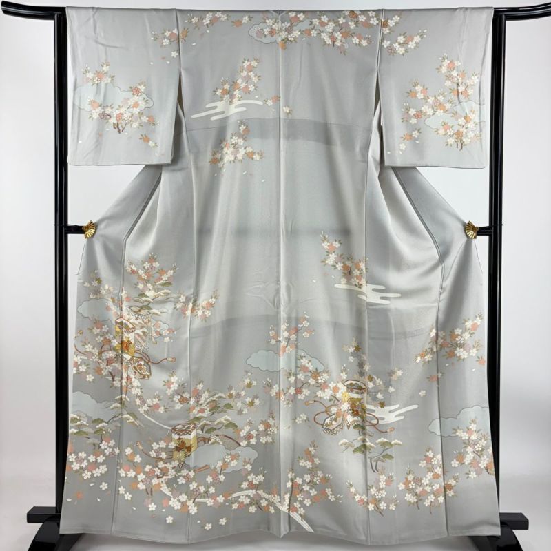 訪問着 身丈154cm 裄丈64cm M 袷 菊 椿 金彩 ぼかし 鶯色 正絹