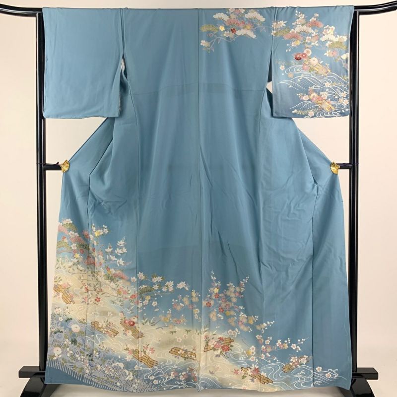 訪問着 身丈164.5cm 裄丈64.5cm M 袷 花筏 松竹梅 金銀彩 ぼかし 水色 正絹 秀品|中古・古着・リサイクル着物通販|バイセル  オンライン