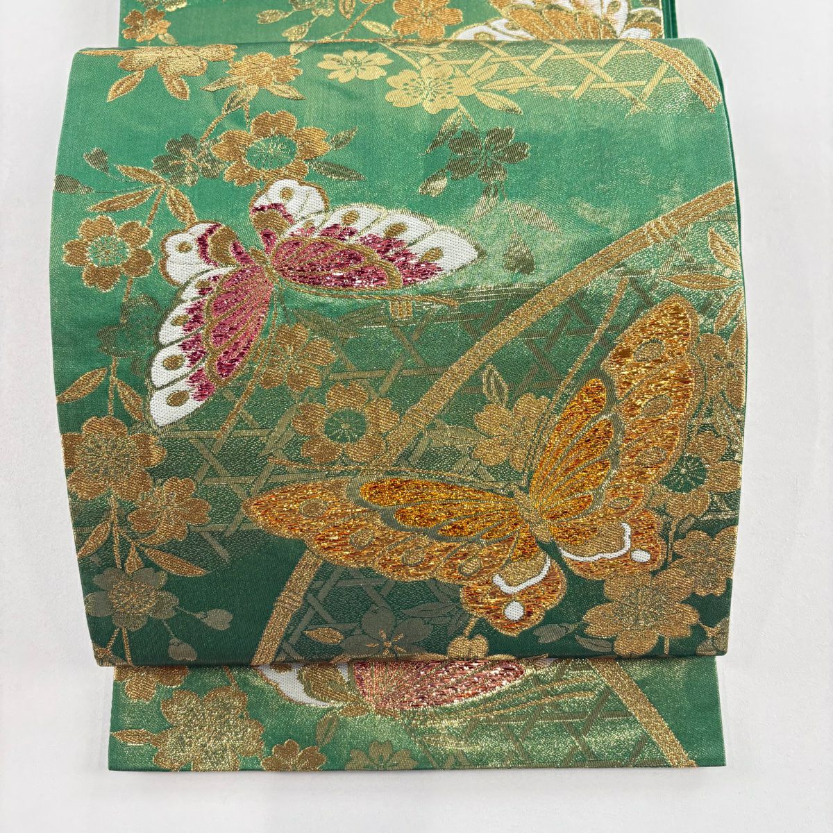 美品】 袋帯 秀品 蝶 牡丹 金銀糸 箔 緑 六通 正絹｜中古・古着