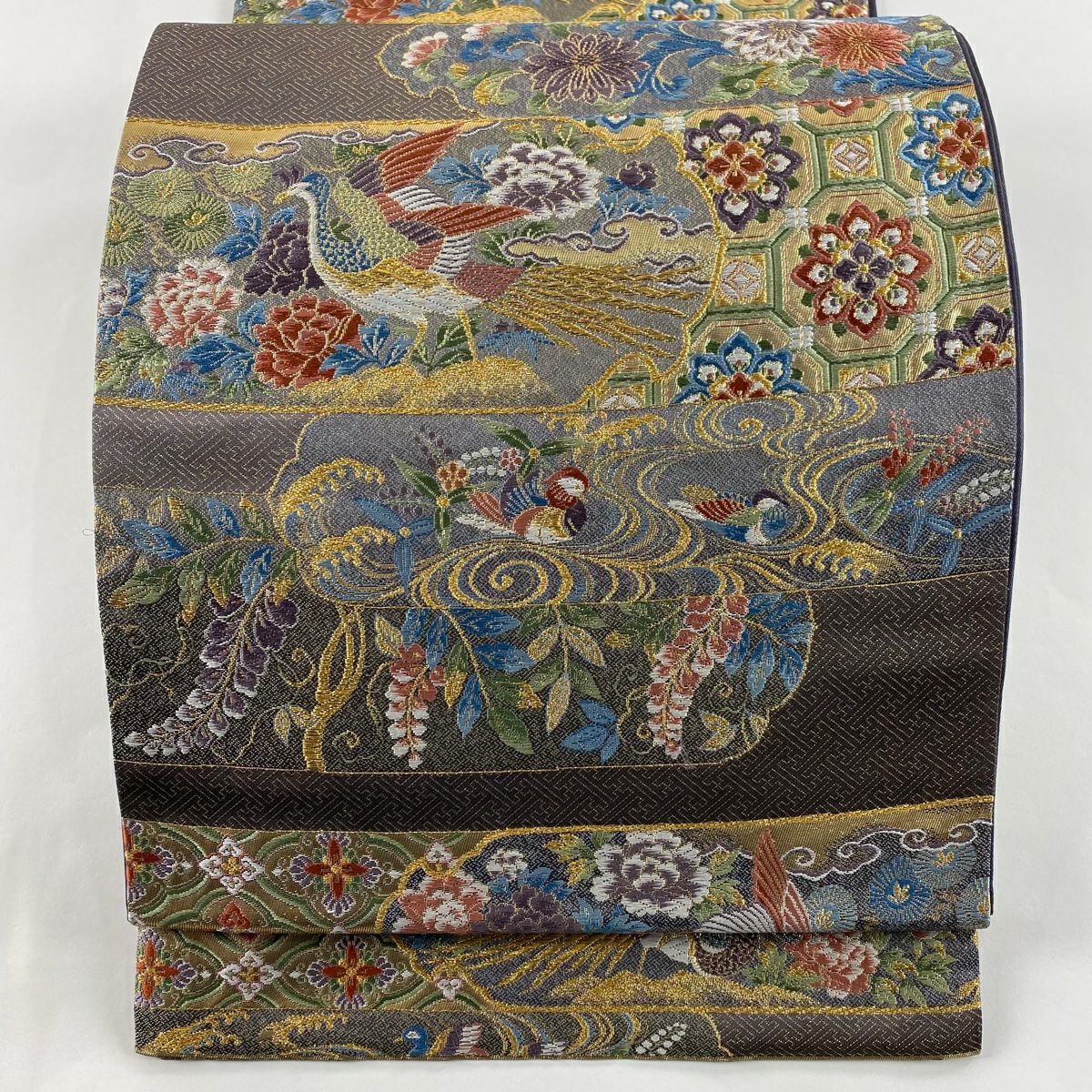 明綴れ　切りばめ風 蜀江華文に花喰い鳥模様 高級袋帯　正絹　金通　新品仕立 袋帯 美品 秀品 蜀江華文 花喰い鳥 箔 刺繍 深緑 六通 正絹 ｜中古