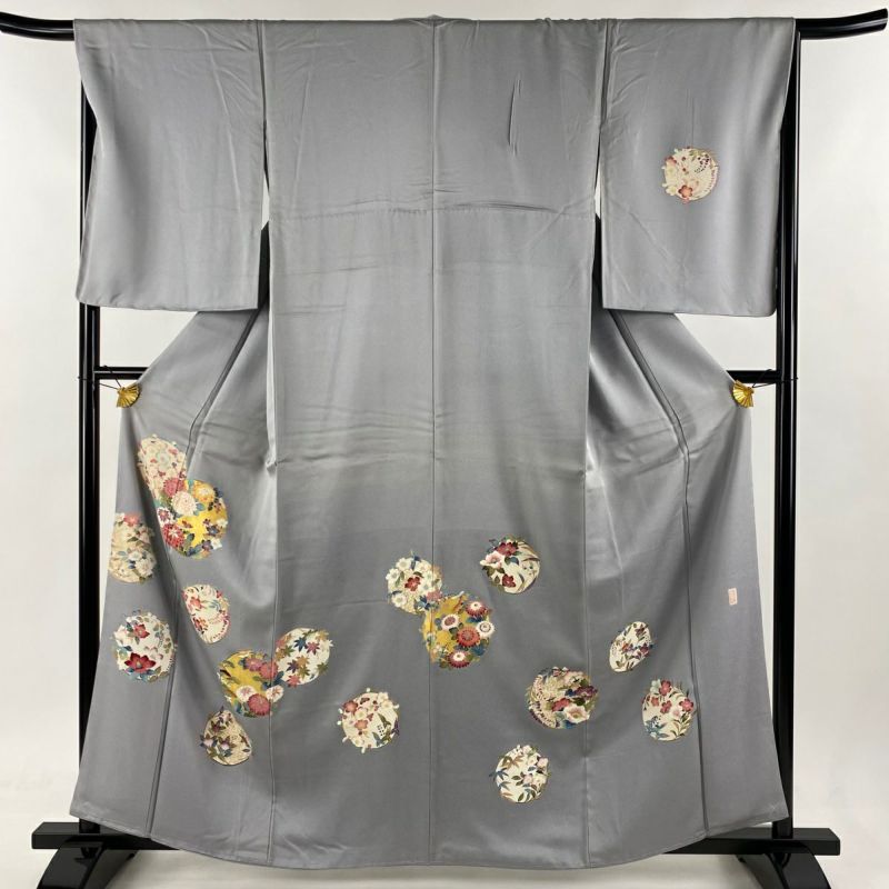 振袖 身丈161.5cm 裄丈66cm M 袷 蝶 花丸文 螺鈿 金彩 朱色 正絹