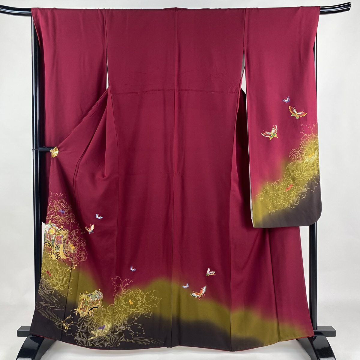 M190　振袖　身丈154cm　無地 振袖 身丈154cm 裄丈64cm M 袷 鞠 梅 金糸 刺繍 えんじ色 正絹