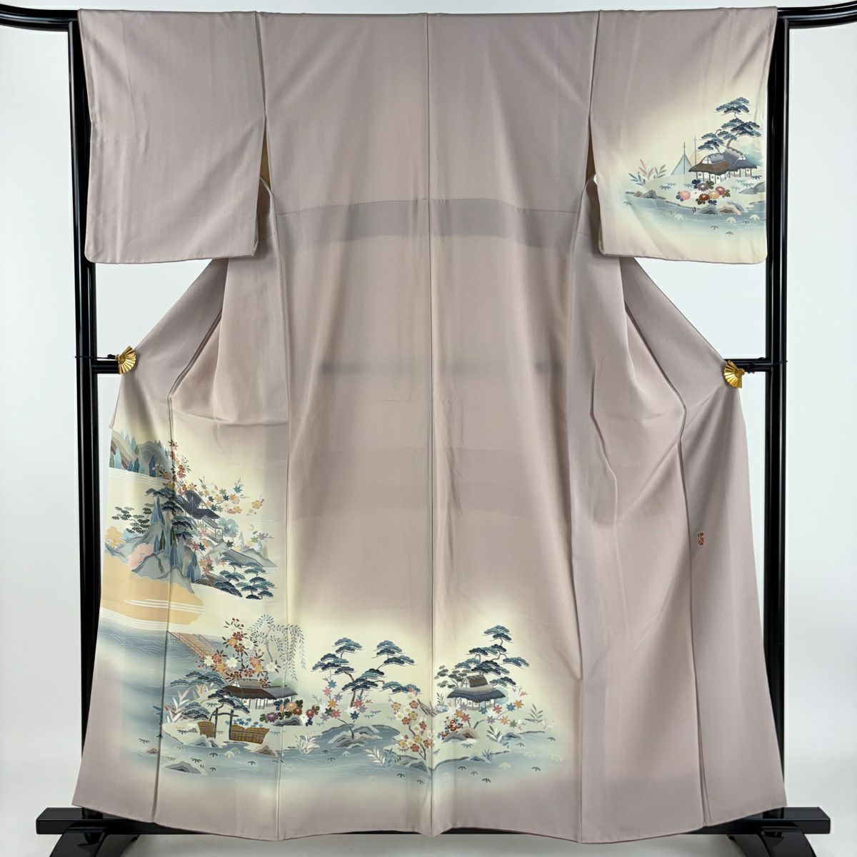 訪問着 身丈165cm 裄丈68cm L 袷 鈴乃屋 落款あり 水辺の風景 舟 薄紫