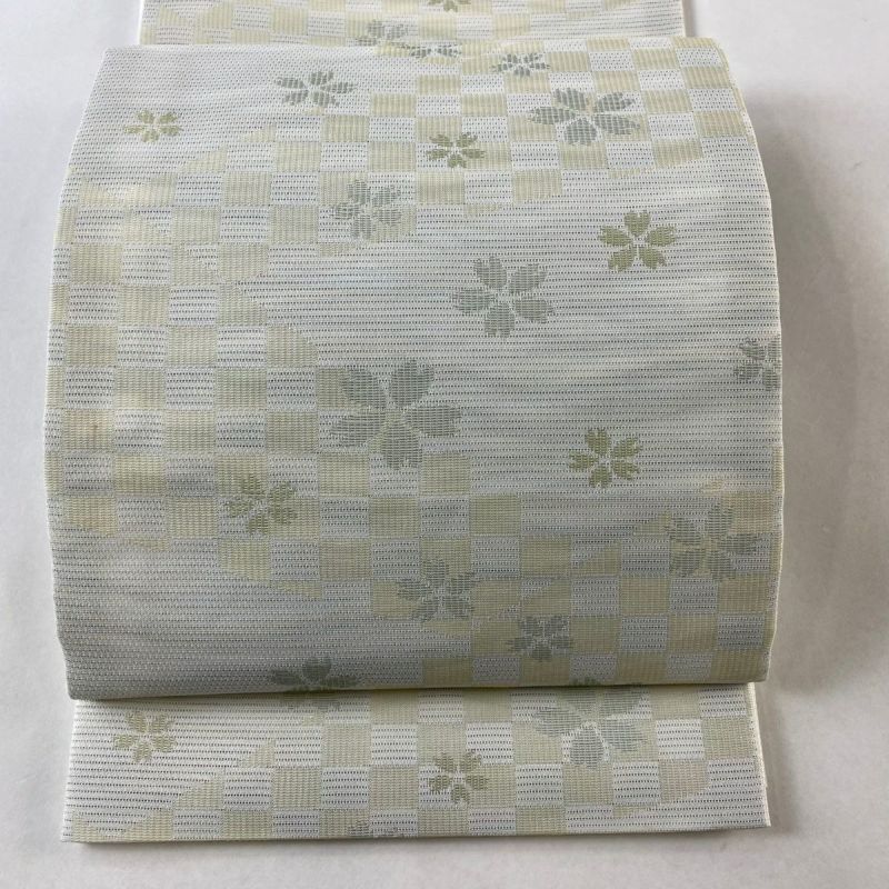美品 木の実模様 薄緑 麻 薄物 夏用 絽 紗 開仕立て名古屋帯 137