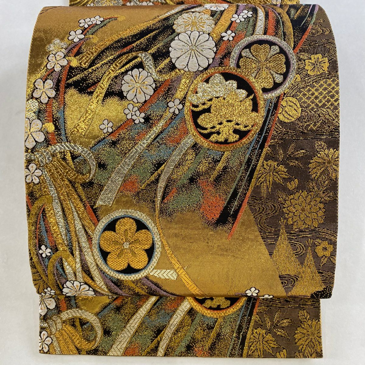 袋帯 秀品 振袖向き 蝶 梅 金糸 箔 金色 六通 正絹|中古・古着 袋帯 秀品 振袖向き 蝶 梅 金糸 箔 金色 六通 正絹|中古・古着