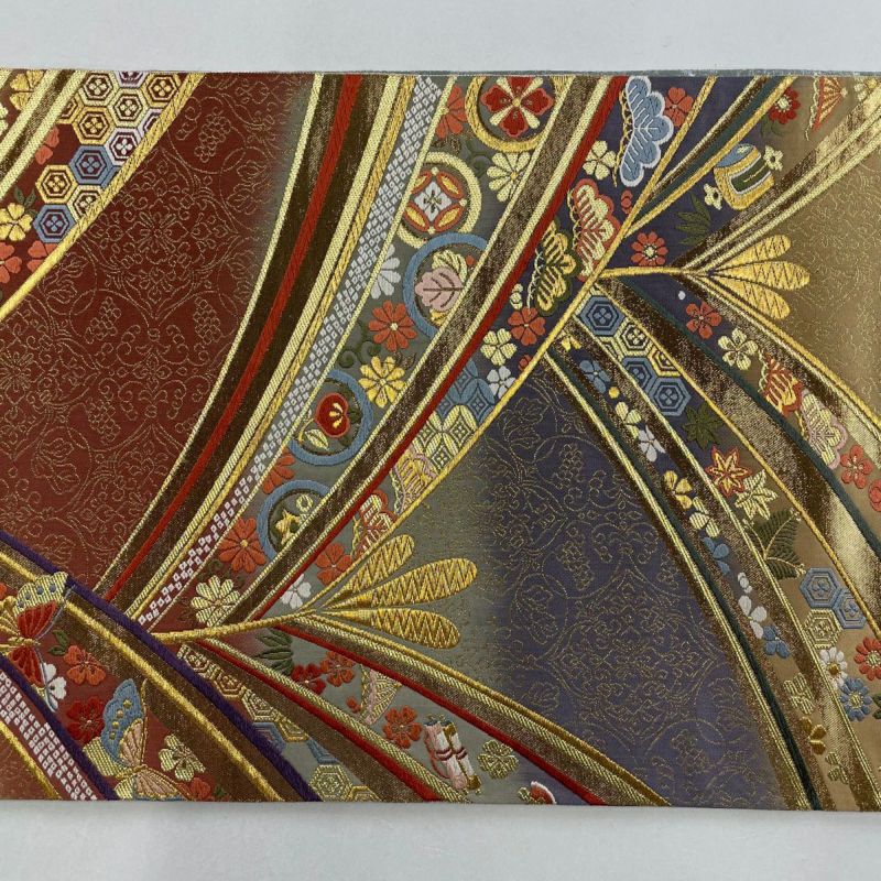 【あす楽対応】 袋帯 美品 秀品 蝶 草花 金糸 箔 黄土色 六通 正絹 ｜中古・古着 着物・浴衣