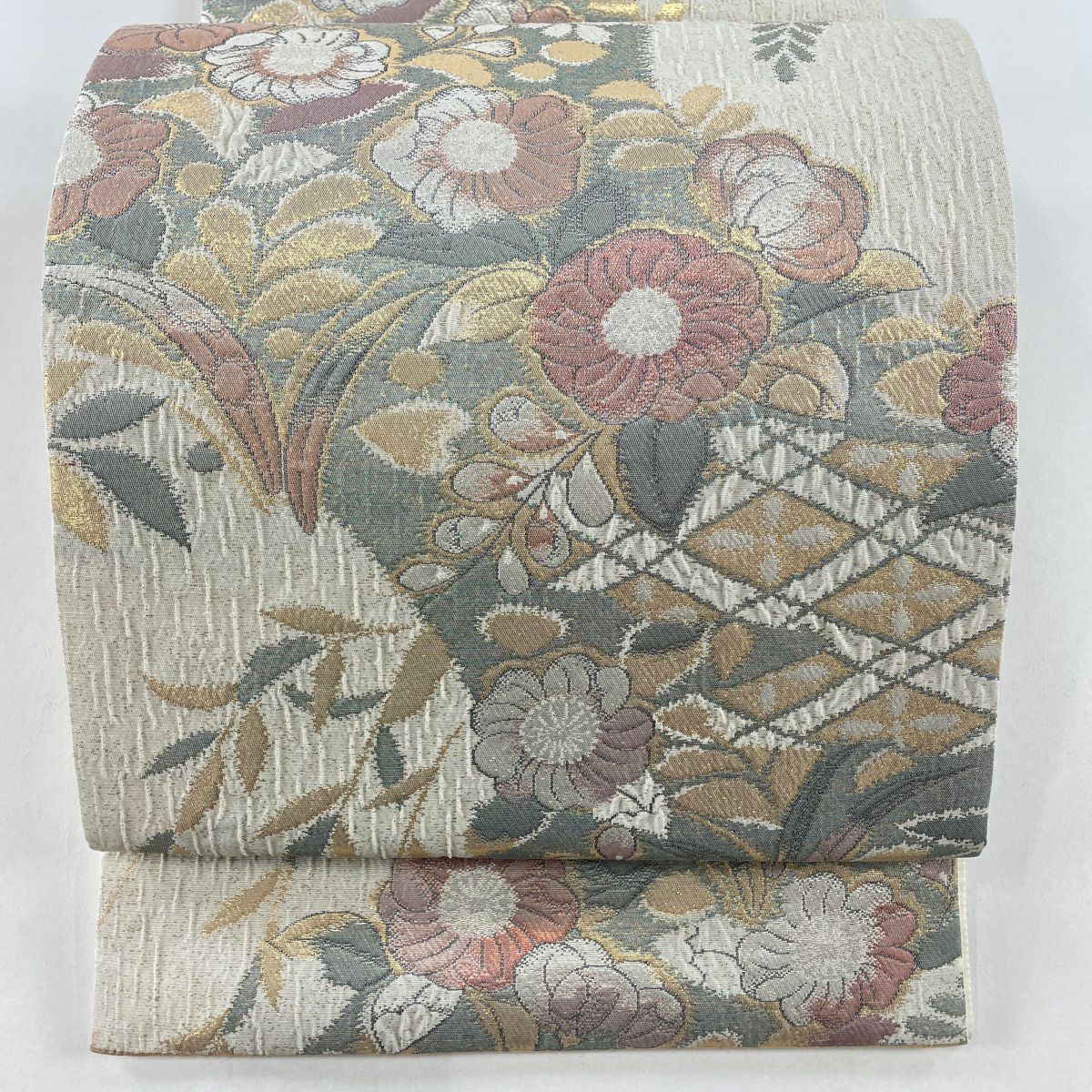 袋帯 美品 逸品 紹巴織 彩かすみ 花菱 金銀糸 唐織 灰紫 六通