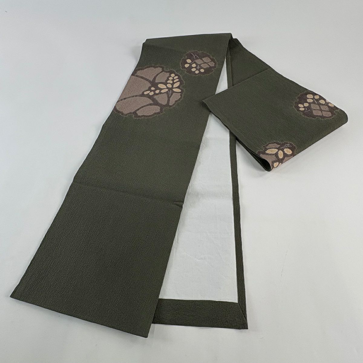 開き名古屋帯 秀品 雪輪 草花 絞り 灰緑 正絹｜中古・古着・リサイクル