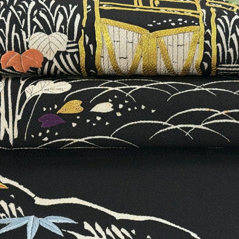 名古屋帯 逸品 ぎをん齋藤 草花 垣根 金糸 刺繍 黒 正絹｜中古・古着
