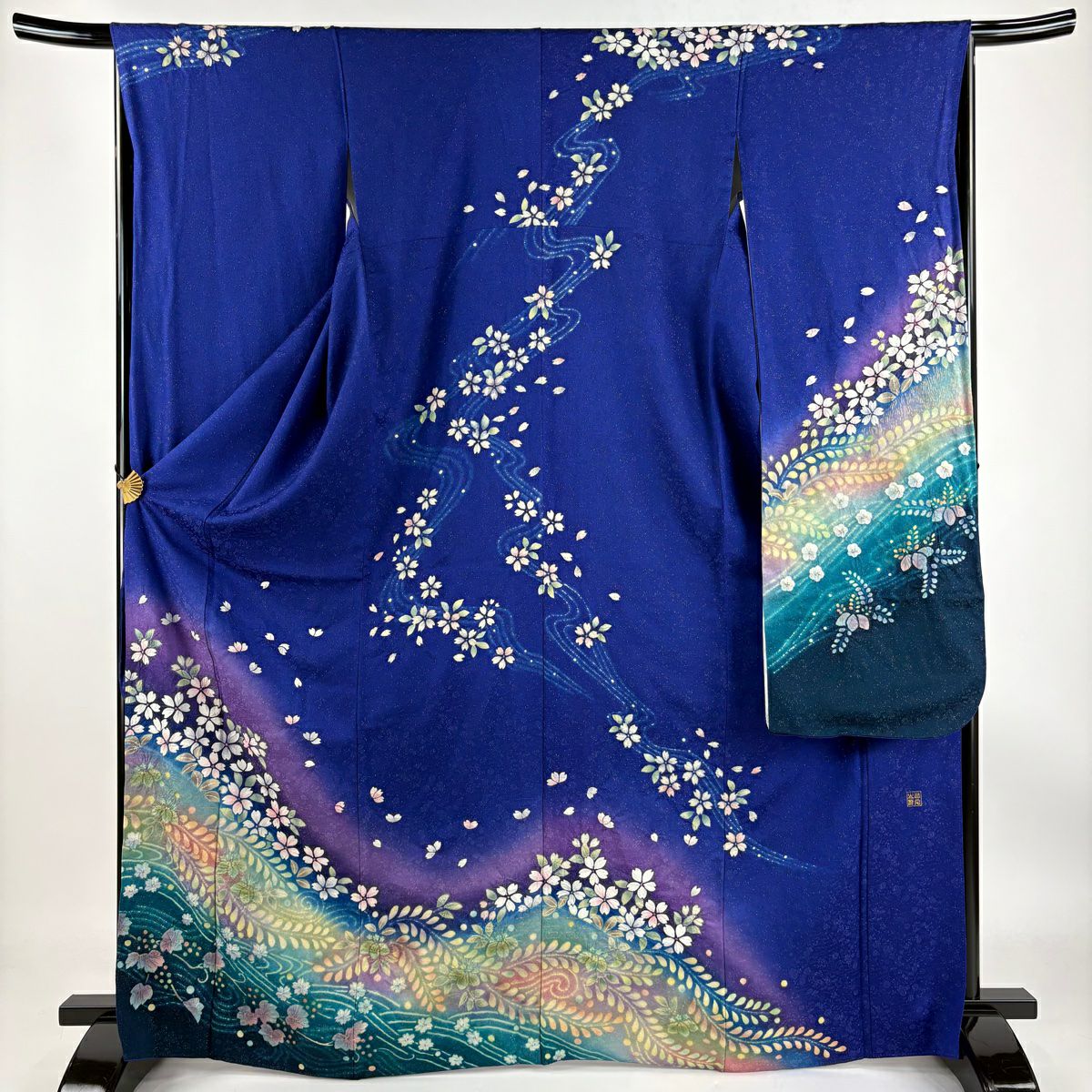 振袖 身丈167cm 裄丈68cm L 袷 枝梅 流水 金銀彩 染め分け 青紫 正絹