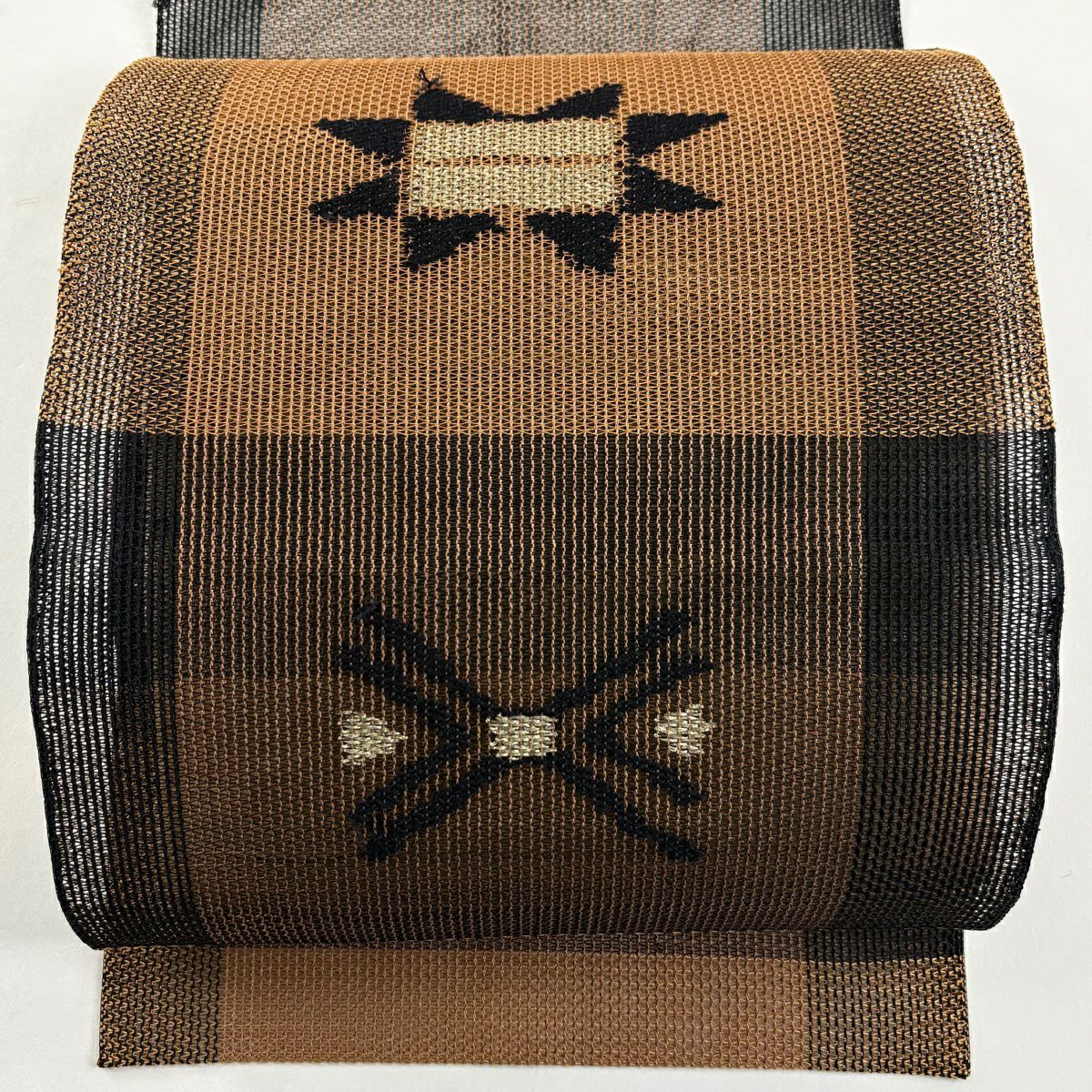 名古屋帯 秀品 夏帯 八寸名古屋帯 幾何学模様 金銀糸 茶色 正絹｜中古