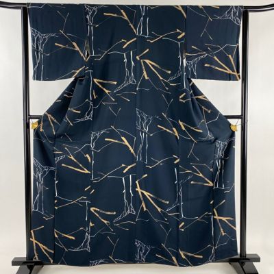 小紋 身丈151.5cm 裄丈64cm M 袷 葉と実 金彩 灰紫 正絹 美品 秀