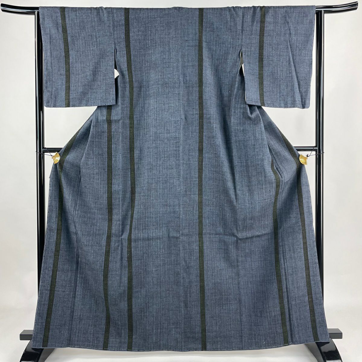 紬 身丈160cm 裄丈65cm M 袷 枝花 亀甲絣 濃紺 正絹 美品 秀品
