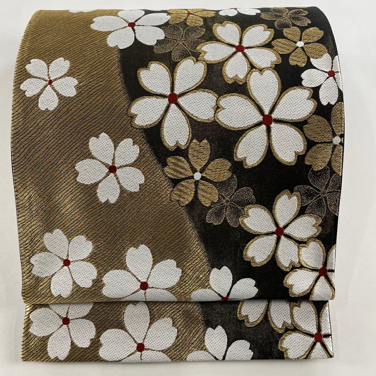 A8 袋帯　美品　【桜と流水】　箔　金糸　正絹　振袖向き 袋帯 秀品 振袖向き 桜 流水 金銀糸 箔 灰緑 六通 正絹 【中古