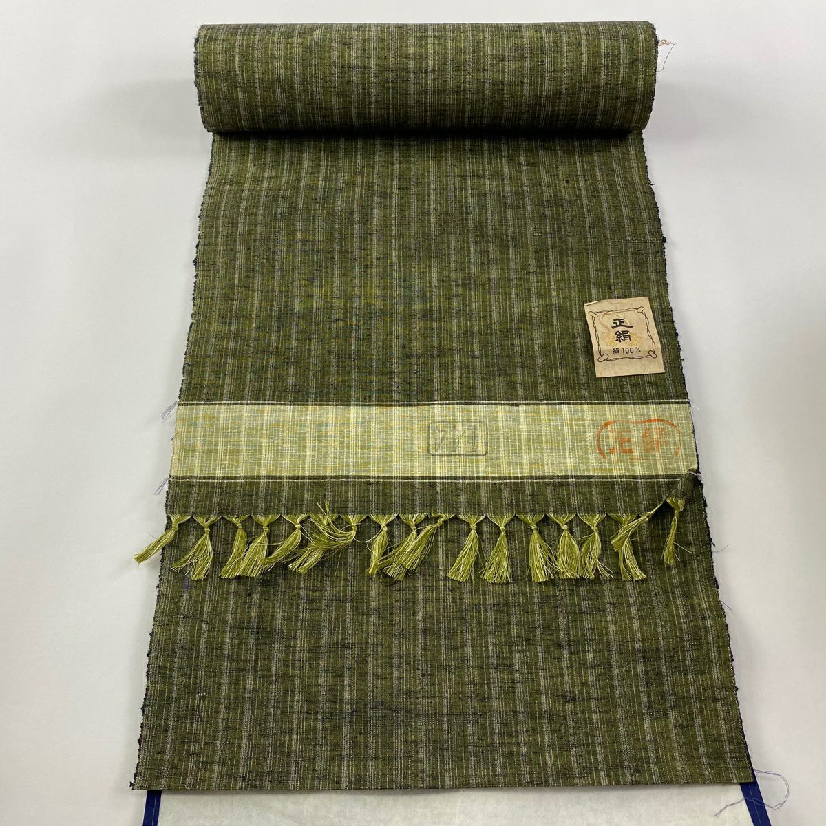 A21 新品　紬地　全通袋帯　美品 秀品 紬縞 幾何学 正絹 袋帯 名品 紬地 幾何学模様 段縞 青灰色 全通 正絹 【中古