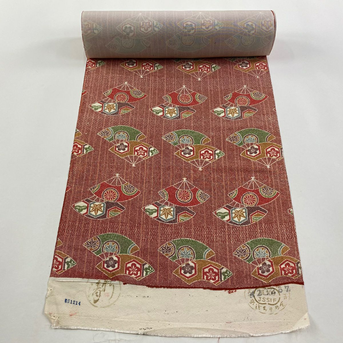 A21 新品　紬地　全通袋帯　美品 秀品 紬縞 幾何学 正絹 反物 秀品 紬 縦縞 茜色 正絹｜中古・古着・リサイクル着物通販