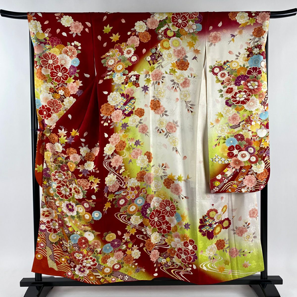 振袖 身丈167cm 裄丈68cm L 袷 鞠 草花 金糸 金彩 赤 正絹 美品 名品  