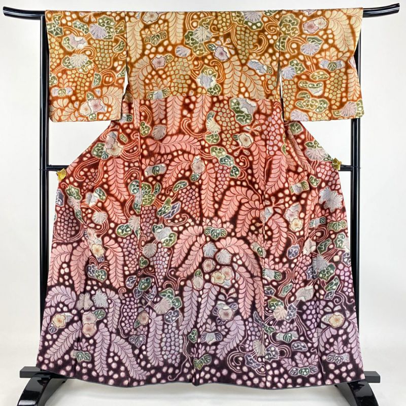 振袖 身丈162cm 裄丈65cm M 袷 辻が花柄 葉柄 銀通し ぼかし 青灰色