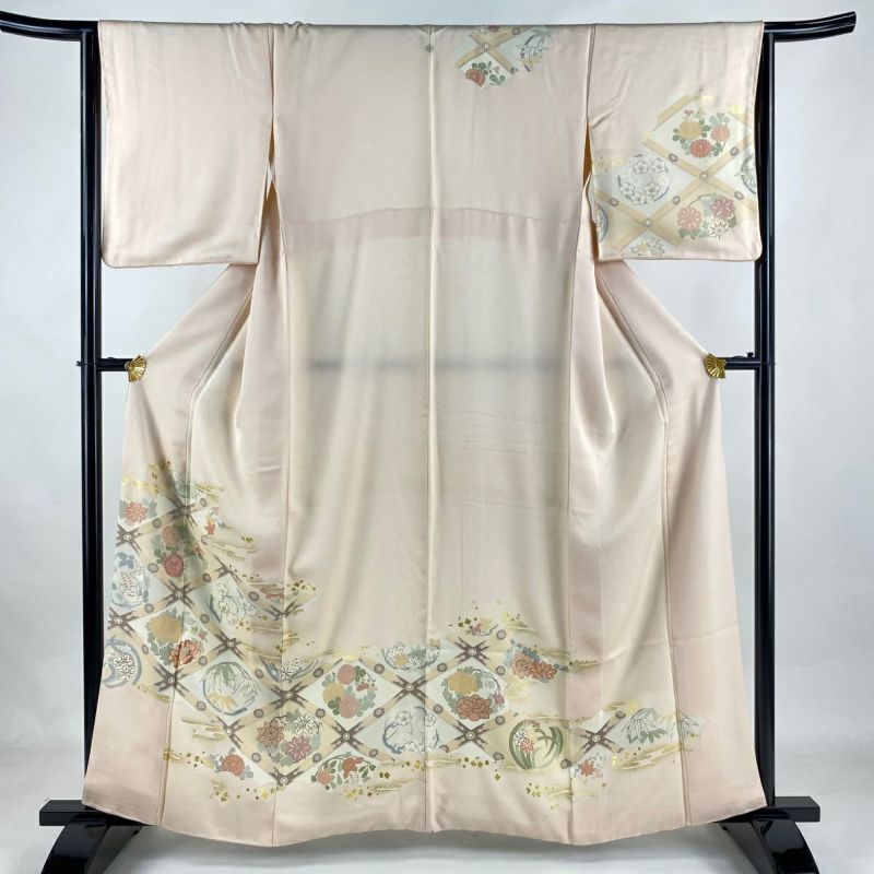 訪問着 身丈161cm 裄丈64cm M 袷 一つ紋 格天井 牡丹 刺繍 金彩 薄