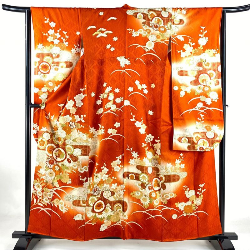 振袖 身丈158cm 裄丈63.5cm S 袷 鎌倉文 蝶 金糸 金彩 朱色 正絹