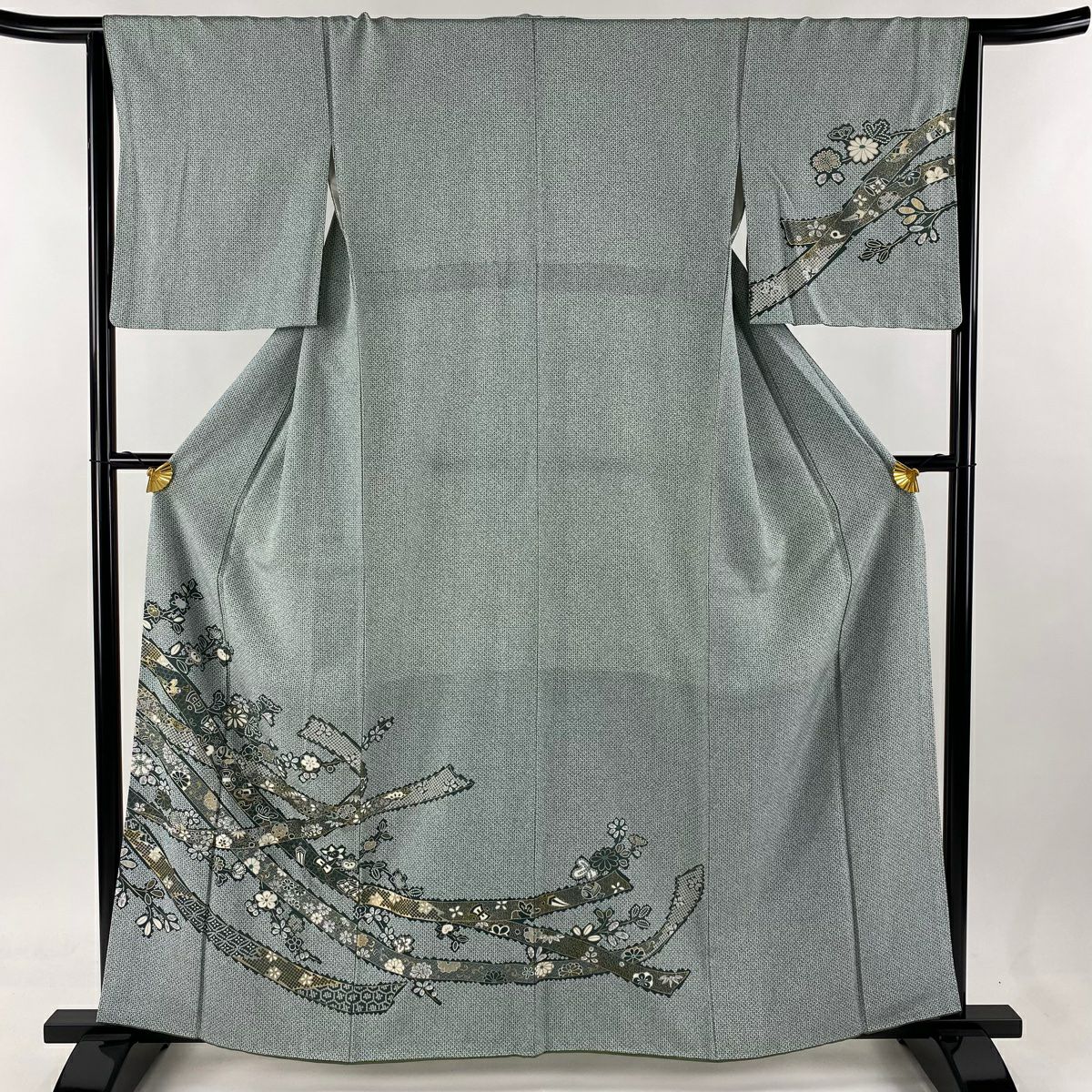 付下げ 身丈162cm 裄丈66cm M 袷 草花 金銀彩 染分け 灰緑 正絹