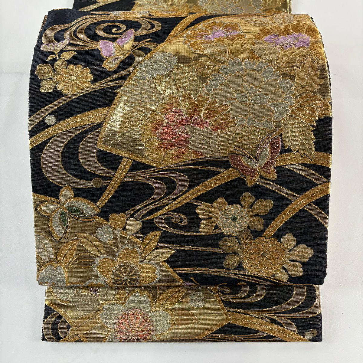 袋帯 逸品 幾何学模様 箔 赤茶 全通 正絹｜中古・古着・リサイクル着物