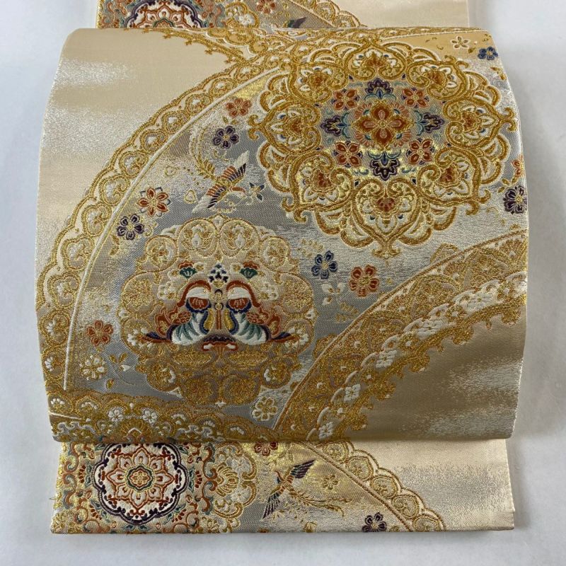 【福袋セール】 袋帯 正絹｜中古 六通 金色 箔 金糸 向かい鳥 華文 秀品 美品 着物・浴衣