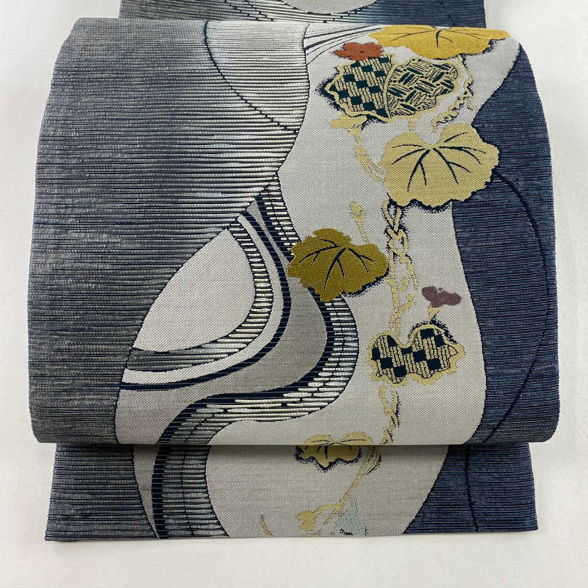 袋帯 秀品 春宵花景色 金銀糸 箔 青灰色 六通 正絹 【中古】